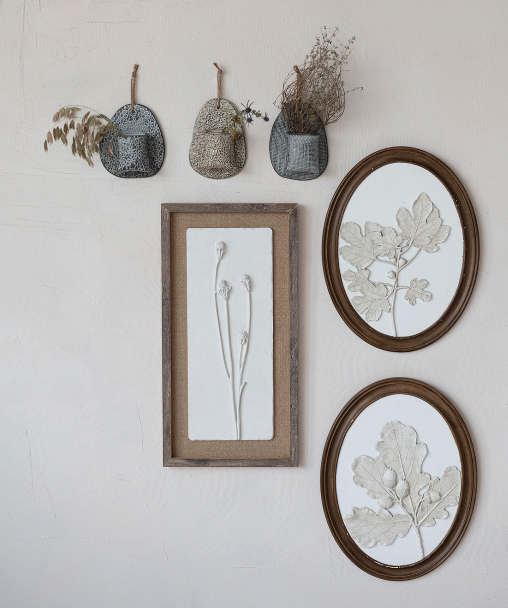 Stoneware Wall Vase with Embossed Stamp Pattern & Jute Hanger